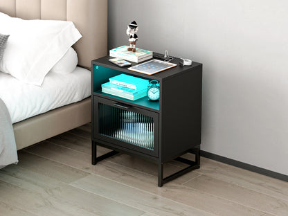 Nightstand with LED Lights / Drawer, Black Bedside Table for Bedroom