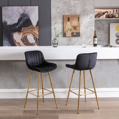 30 inch Set of 2 Bar Stools,with Chrome Footrest Velvet Fabric Counter Stool Golden Leg Simple High Bar Stool,black