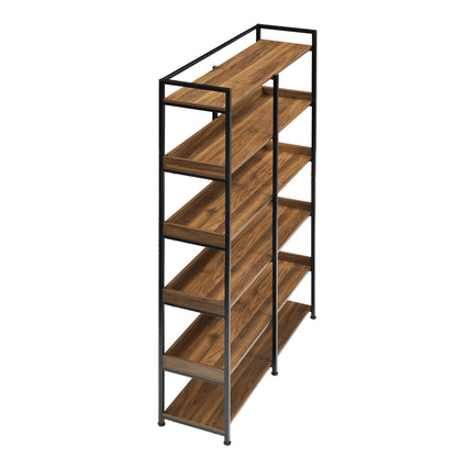 70.8 Inch Tall Bookshelf MDF Boards Stainless Steel Frame, 6-tier Shelves with Back&Side Panel, Adjustable Foot Pads, Brown