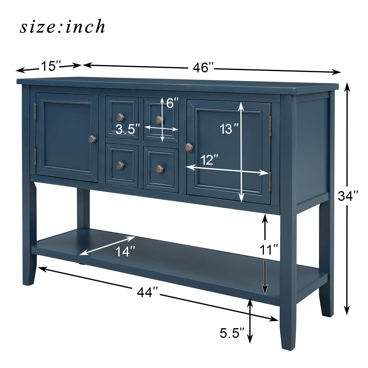 TREXM  Cambridge Series Buffet Sideboard Console Table with Bottom Shelf (Light Navy)