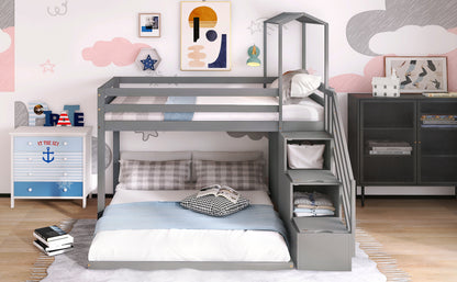 Twin over Full House Roof Bunk Bed with Staircase and Shelves, Gray