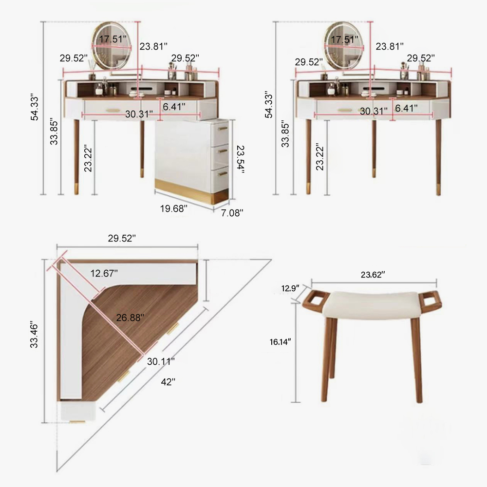 Modern Corner Makeup Vanity Table with LED Lighted Mirror, Vanity Desk with 5 Drawers, Piano Finish, Solid Wood Legs, Stool, 29.5'', Light Walnut