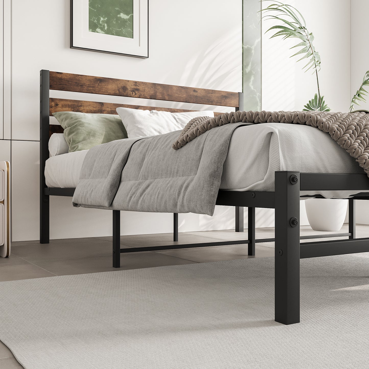 Full Size Platform Bed Frame with Rustic Vintage Wood Headboard, Strong Metal Slats Support Mattress Foundation, No Box Spring Needed Rustic Brown