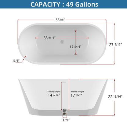 55" Acrylic Free Standing Tub - Classic Oval Shape Soaking Tub, Adjustable Freestanding Bathtub with Integrated Slotted Overflow and Chrome Pop-up Drain Anti-clogging Gloss White