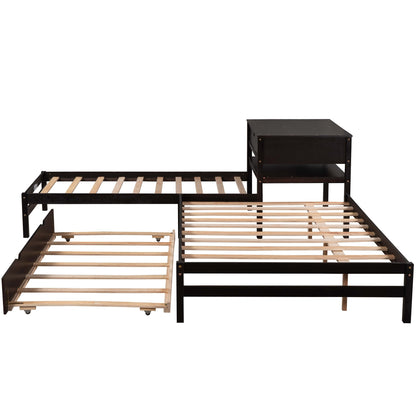 L-Shaped Full Size and Twin Size Platform Beds with Twin Size Trundle and Drawer Linked with Built-in Rectangle Table,Espresso