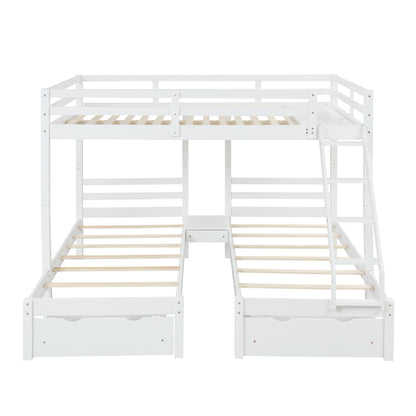 Solid Wood Full over  Twin & Twin Bunk Bed with 3 Storage Drawers, White (96.8”x79”x68.3”)