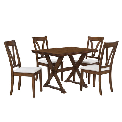 TOPMAX Mid-Century Wood 5-Piece Dining Table Set with 4 Upholstered Dining Chairs for Small Places, Antique Brown