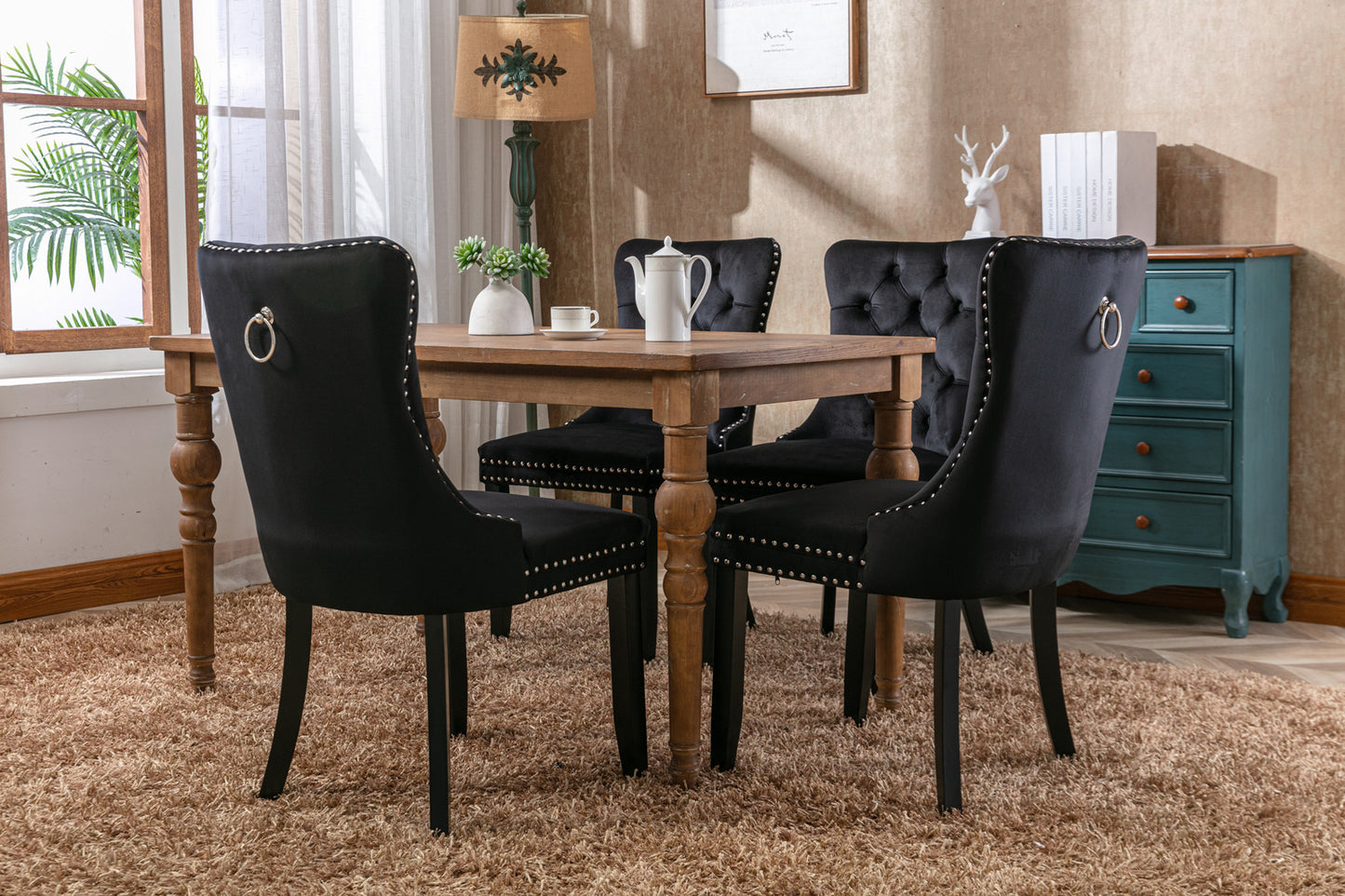 A&A Furniture,Nikki Collection Modern, High-end Tufted Solid Wood Contemporary Velvet Upholstered Dining Chair with Wood Legs Nailhead Trim  2-Pcs Set，Black，1901BK