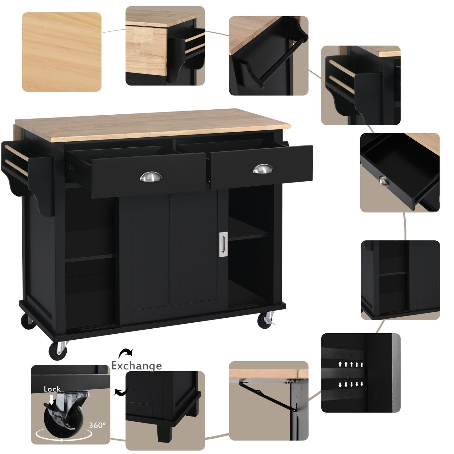 K&K Kitchen Cart with Rubber wood Drop-Leaf Countertop, Concealed sliding barn door adjustable height,Kitchen Island on 4 Wheels with Storage Cabinet and 2 Drawers,L52.2xW30.5xH36.6 inch, Black