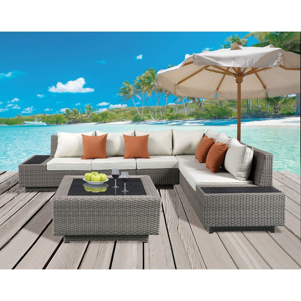 ACME Salena Patio Sectional & Cocktail Table in Beige Fabric & Gray Wicker 45020