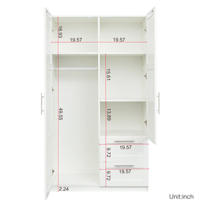 High wardrobe and kitchen cabinet with 2 doors, 2 drawers and 5 storage spaces,white