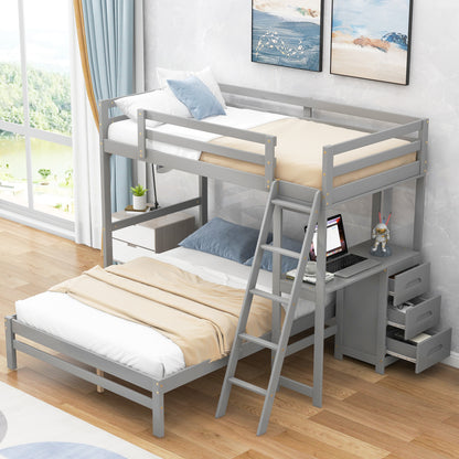 Twin over Full Bunk Bed with Built-in Desk and Three Drawers,Grey