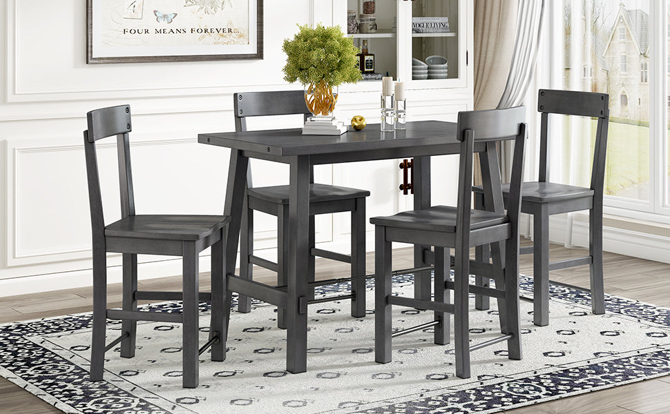 TREXM Minimalist industrial Style 5-Piece Counter Height Dining Table Set Solid Wood & Metal Dining Table with Four Chairs for Small Space (Gray)