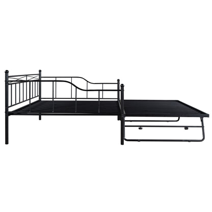 Full Size Metal Daybed with Twin Size Adjustable Trundle, Portable Folding Trundle, Black