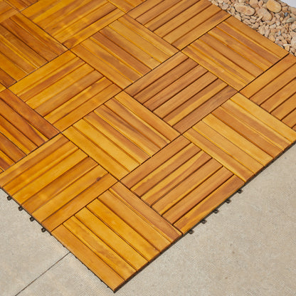 Outdoor Patio 6-Slat Acacia Interlocking Deck Tile (Set of 10 Tiles)