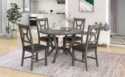 TOPMAX Mid-Century 5-Piece Dining Table Set, Round Table with Cross Legs, 4 Upholstered Chairs for Small Places, Kitchen, Studio, Gray