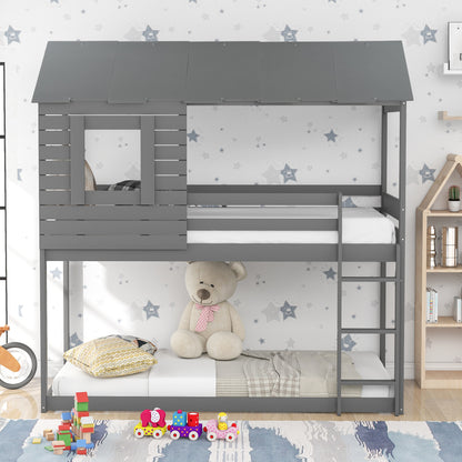 Twin Over Twin Bunk Bed Wood Loft Bed with Roof, Window, Guardrail, Ladder (Gray) (OLD SKU :LP000062AAE)