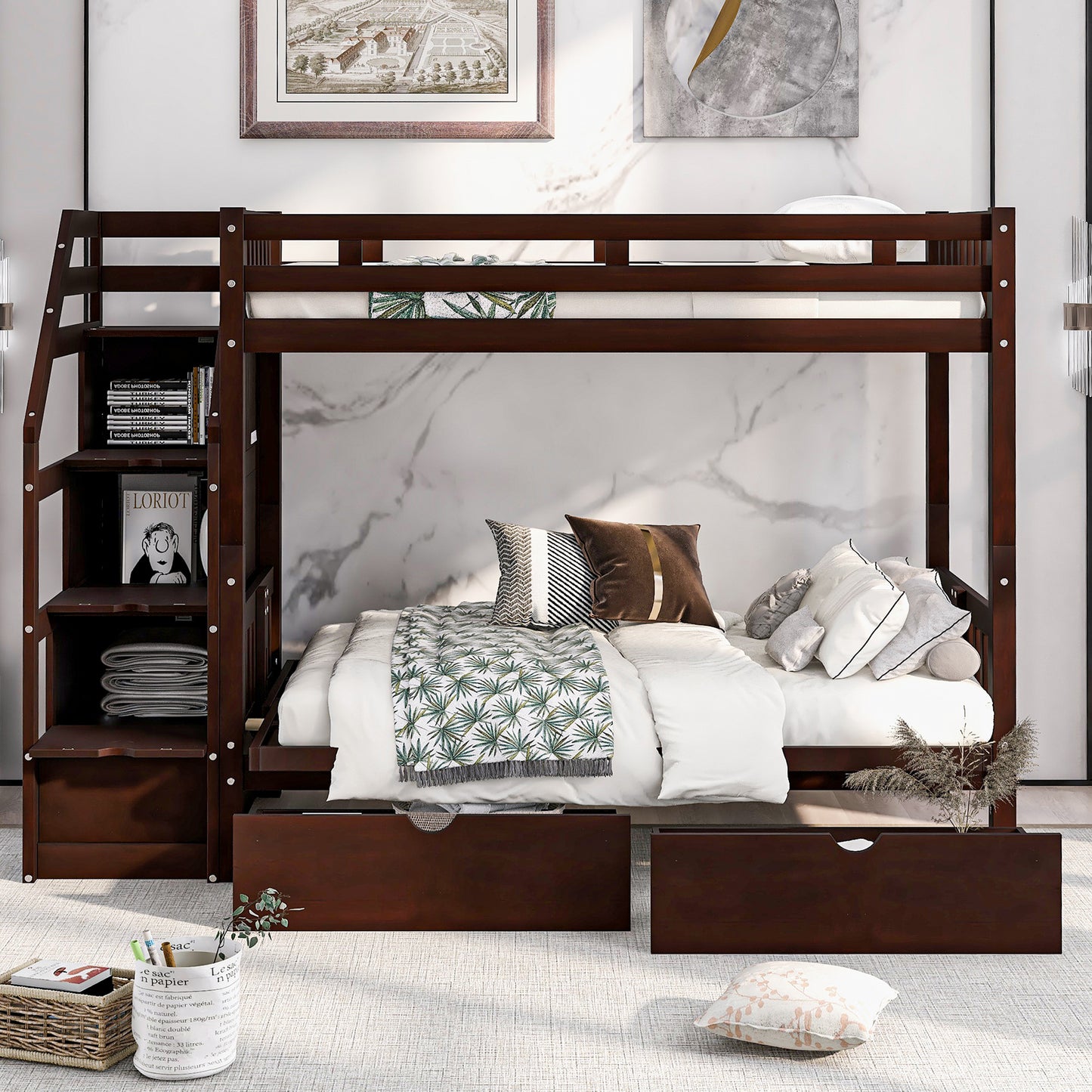 Twin over Full Bunk Bed with Two Drawers and Staircase, Down Bed can be Converted into Daybed,Espresso