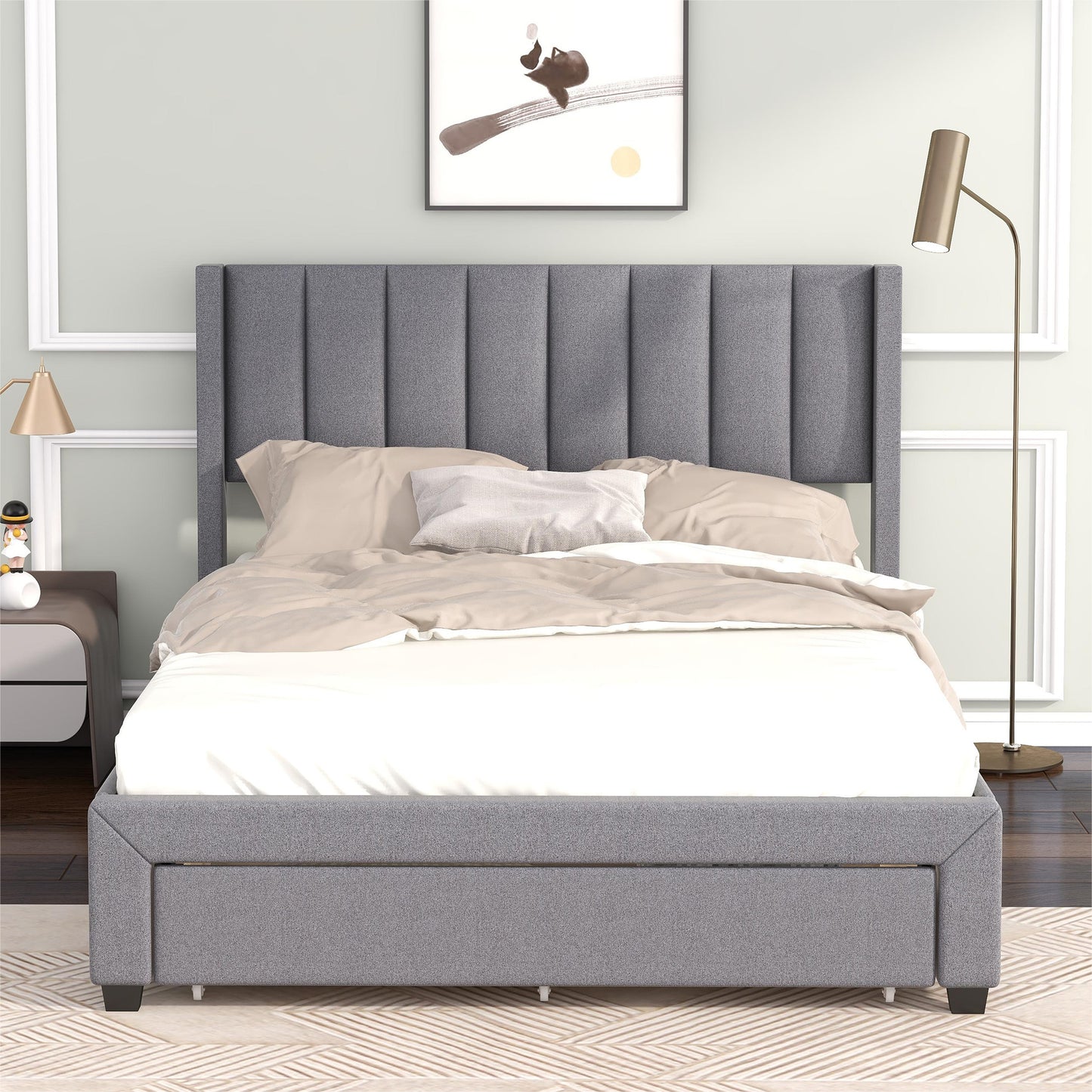 Full Size Upholstered Platform Bed with One Large Drawer in the Footboard and Drawer on Each Side,Gray