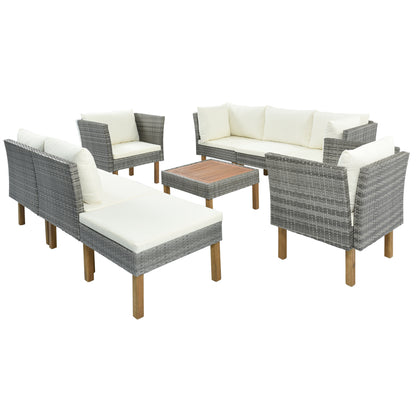 GO 9-Piece Outdoor Patio Garden Wicker Sofa Set, Gray PE Rattan Sofa Set, with Wood Legs, Acacia Wood Tabletop, Armrest Chairs with Beige Cushions