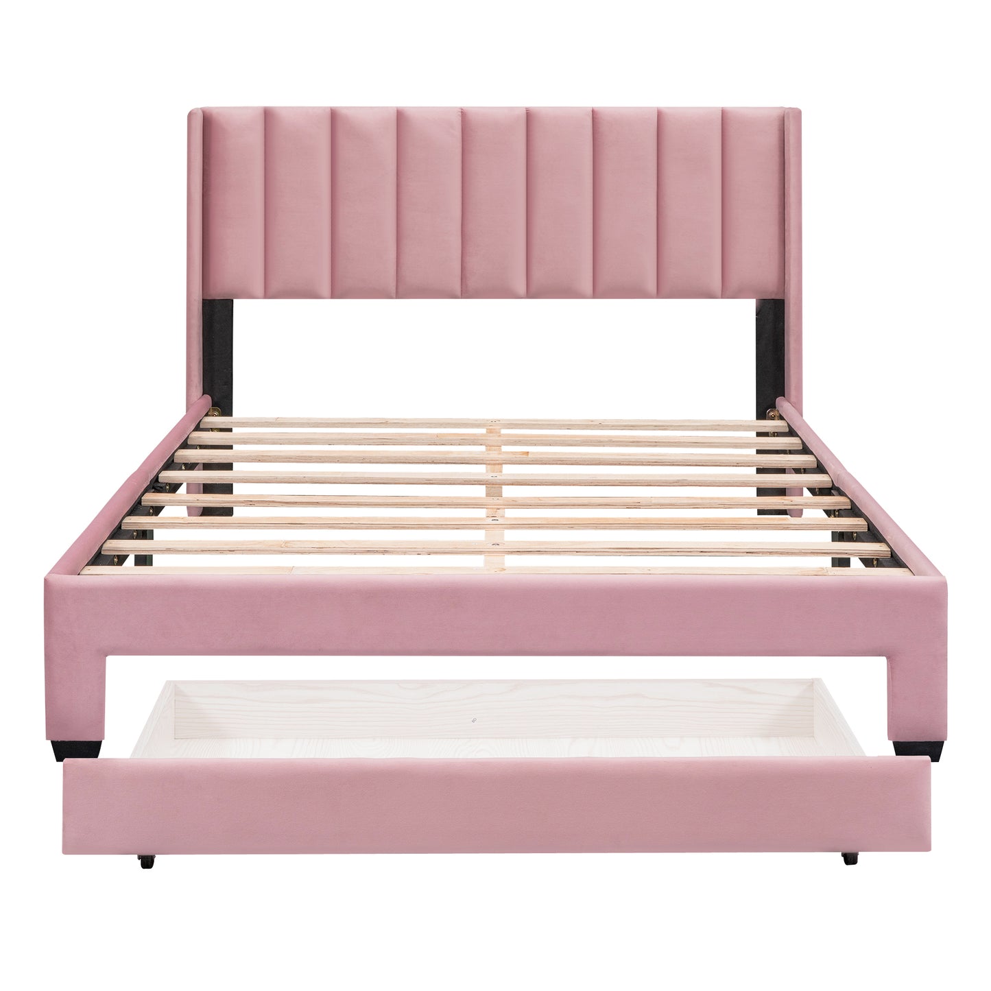 Queen Size Storage Bed Velvet Upholstered Platform Bed with a Big Drawer - Pink