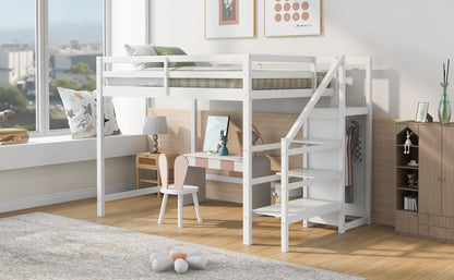 Full Size Loft Bed with Built-in Storage Wardrobe and Staircase,White