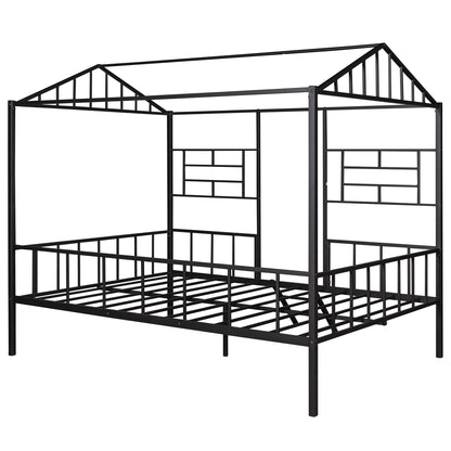 Metal House Bed Frame Full Size with Slatted Support No Box Spring Needed Black