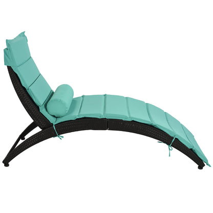 GO Patio Wicker Sun Lounger, PE Rattan Foldable Chaise Lounger with Removable Cushion and Bolster Pillow, Black Wicker and Turquoise Cushion (2 sets)