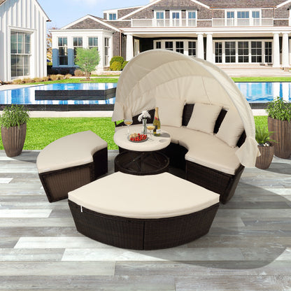 TOPMAX Patio Furniture Round Outdoor Sectional Sofa Set Rattan Daybed Sunbed with Retractable Canopy, Separate Seating and Removable Cushion (Beige)