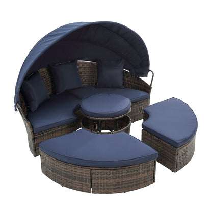 Hot Sale KD Rattan Round Lounge With Canopy Bali Canopy Bed Outdoor, Wicker Outdoor Sofa Bed with lift coffee table