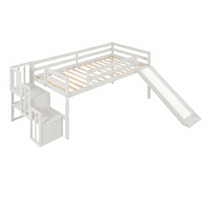 Loft Bed with Staircase, Storage, Slide, Twin size, Full-length Safety Guardrails, No Box Spring Needed, White \\\\n(Old Sku:W504S00004)