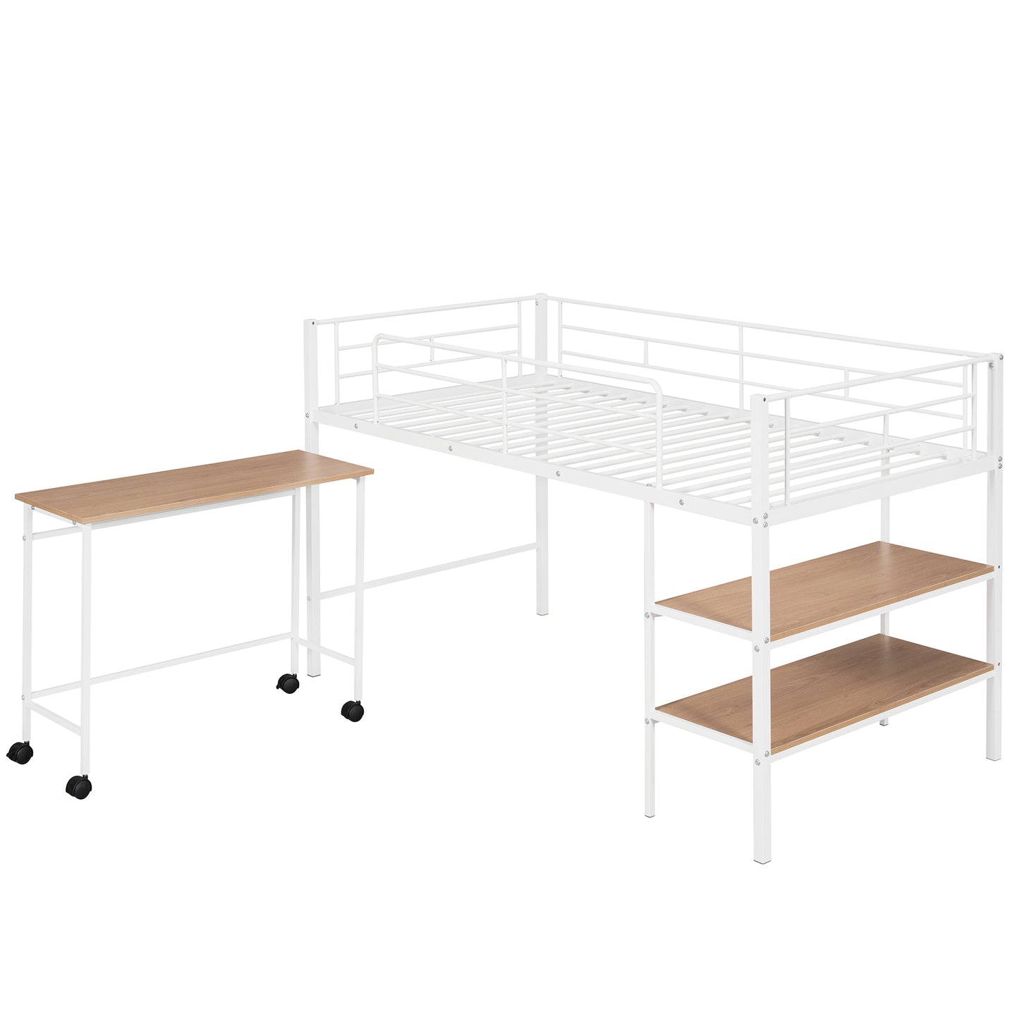 Twin Size Metal Loft Bed with Desk and Shelves,White