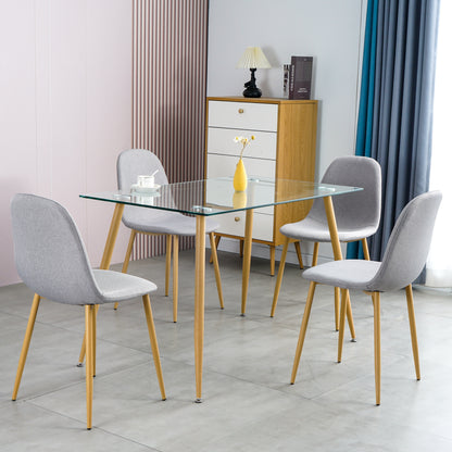 Dining Table Set Modern 5 Pieces Dining Room Set Mid Century Tempered Glass Kitchen Table and 4 Deep Grey Modern Fabric Chairs with wood-transfer Metal Legs