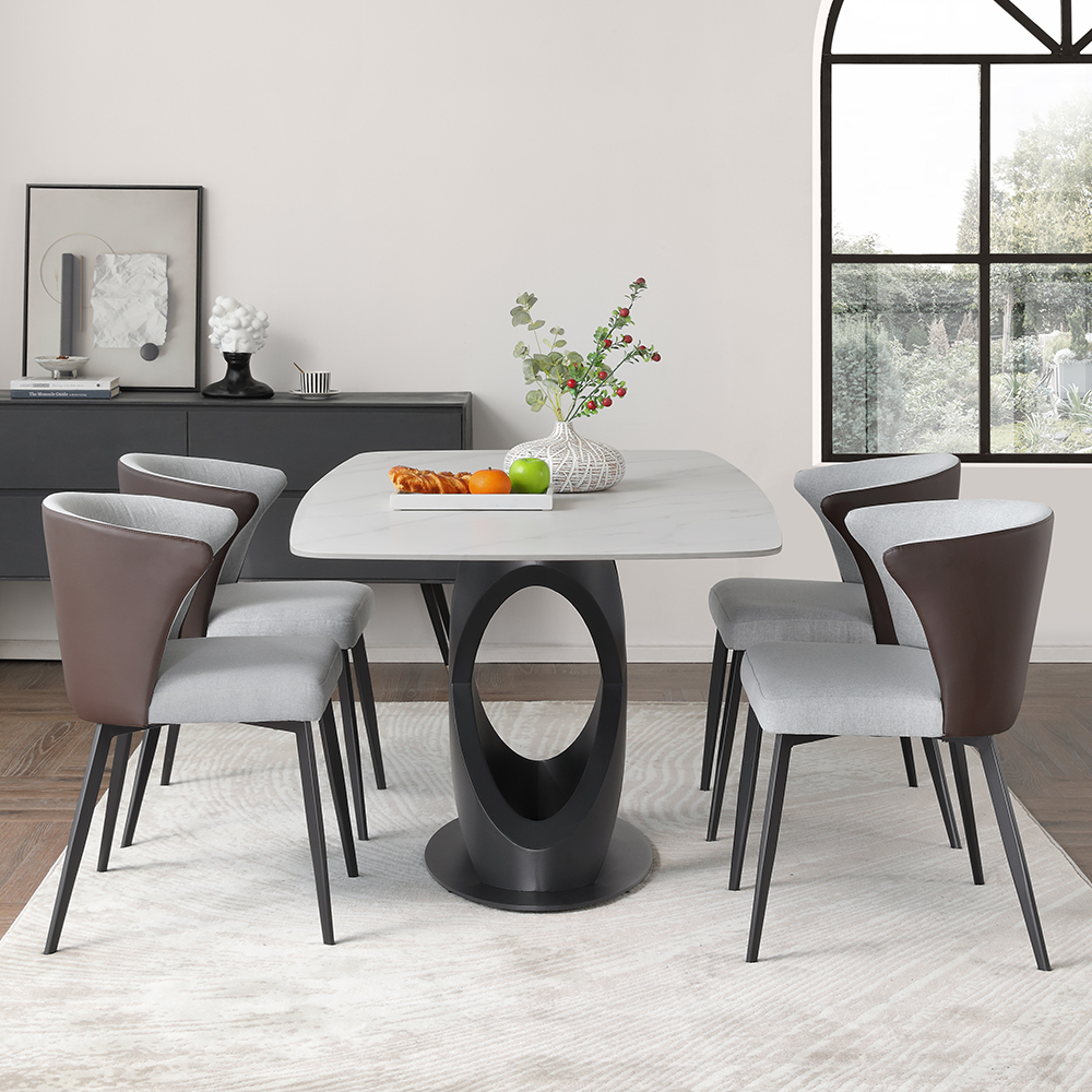 55"Modern White Dining Table for 4, Sintered Stone Tabletop Kitchen Table, Solid Black Carbon Steel Base