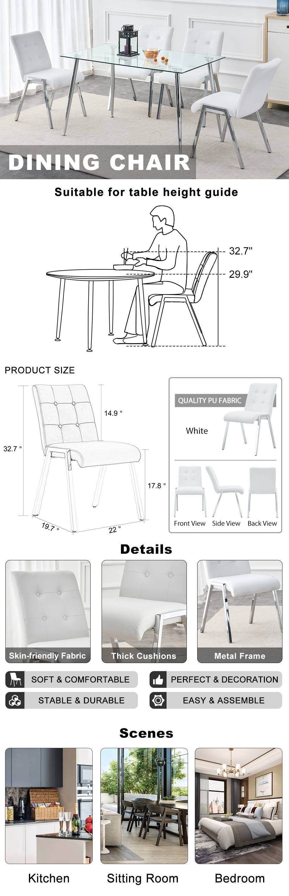 Grid shaped armless high back dining chair,2-piece set, office chair. Applicable to dining room, living room, kitchen and office.White  Chair and Electroplated metal leg