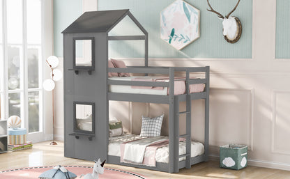 Twin Over Twin Bunk Bed Wood Bed with Roof, Window, Guardrail, Ladder (Gray)