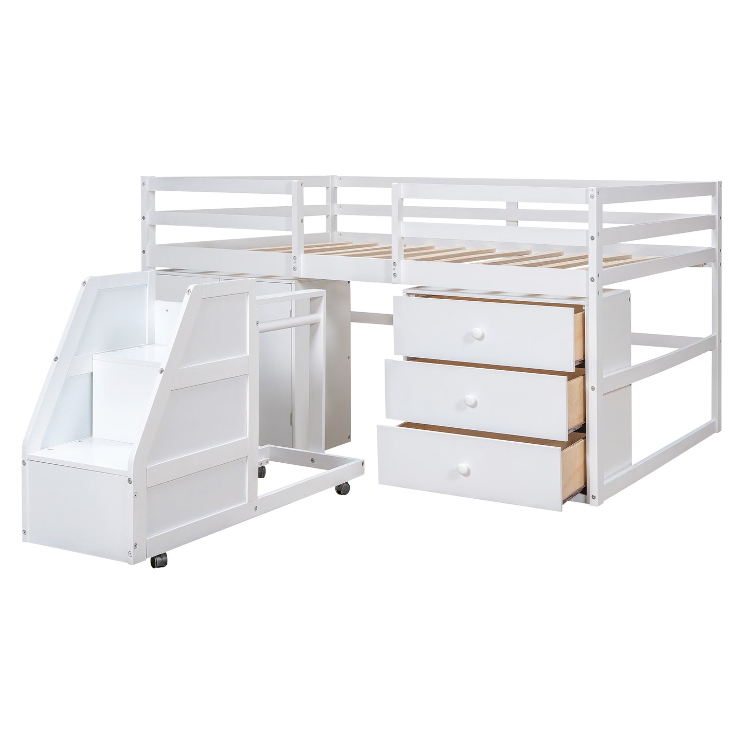 Full Size Functional Loft Bed with Cabinets and Drawers, Hanging Clothes at the back of the Staircase, White