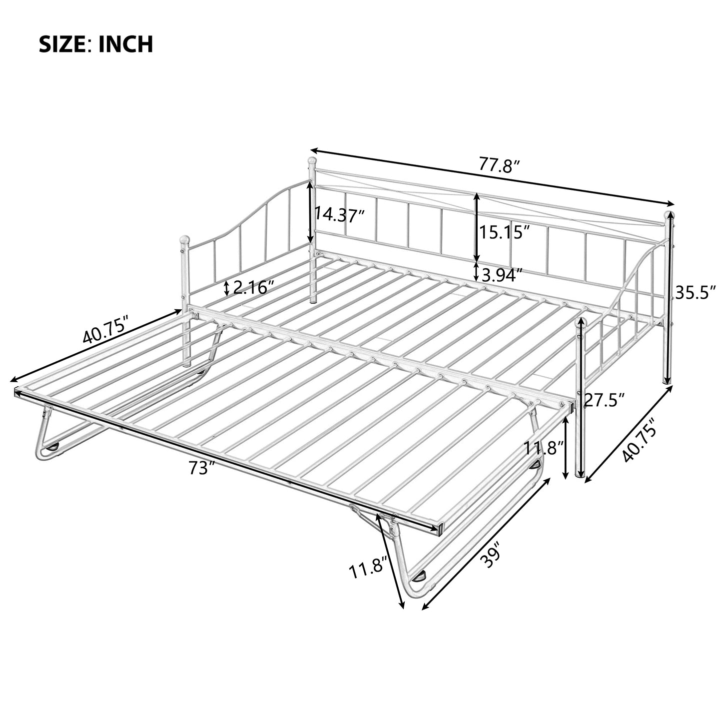 Twin Size Metal Daybed with Twin Size Adjustable Trundle, Portable Folding Trundle, White