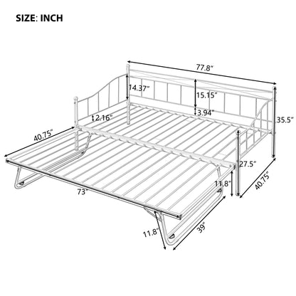 Twin Size Metal Daybed with Twin Size Adjustable Trundle, Portable Folding Trundle, White