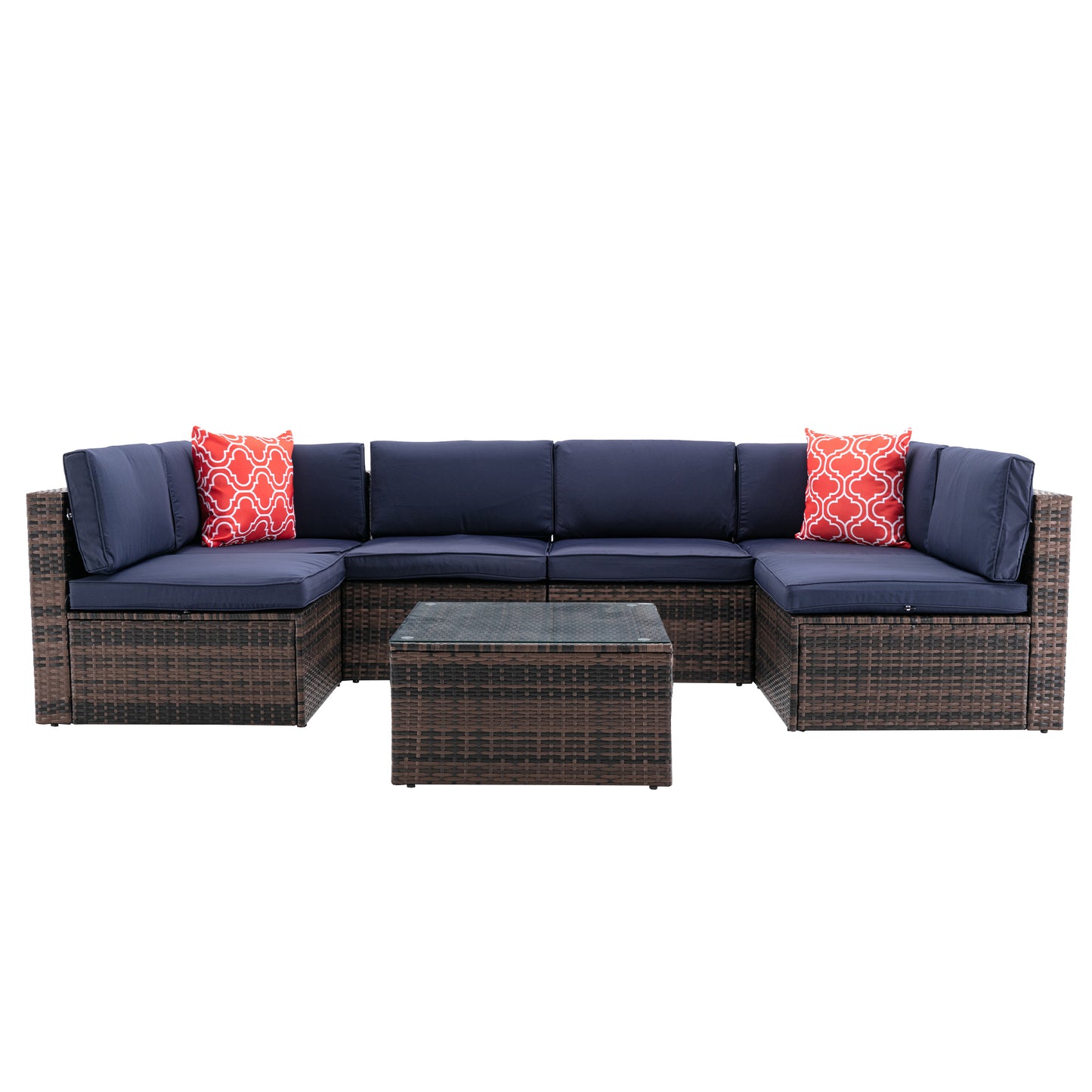 7Pcs Outdoor Garden Patio Furniture  PE Rattan Wicker  Sectional Cushioned Sofa Sets with 2 Pillows and Coffee Table