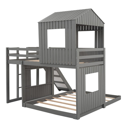 Wooden Twin Over Full Bunk Bed, Loft Bed with Playhouse, Farmhouse, Ladder, Slide and Guardrails . Gray(OLD SKU :LP000028AAN)