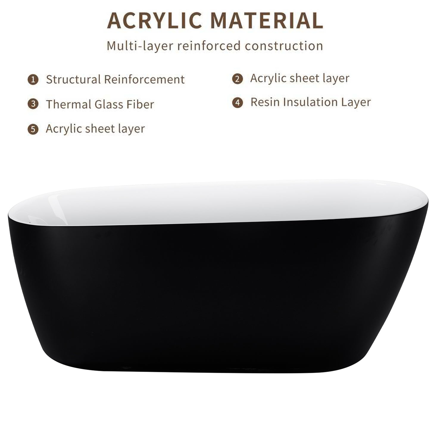 59" 100% Acrylic Freestanding Bathtub，Contemporary Soaking Tub，white inside black outside