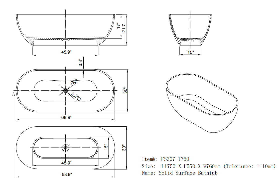 69 inch  Transparent grey  solid surface bathtub for bathroom