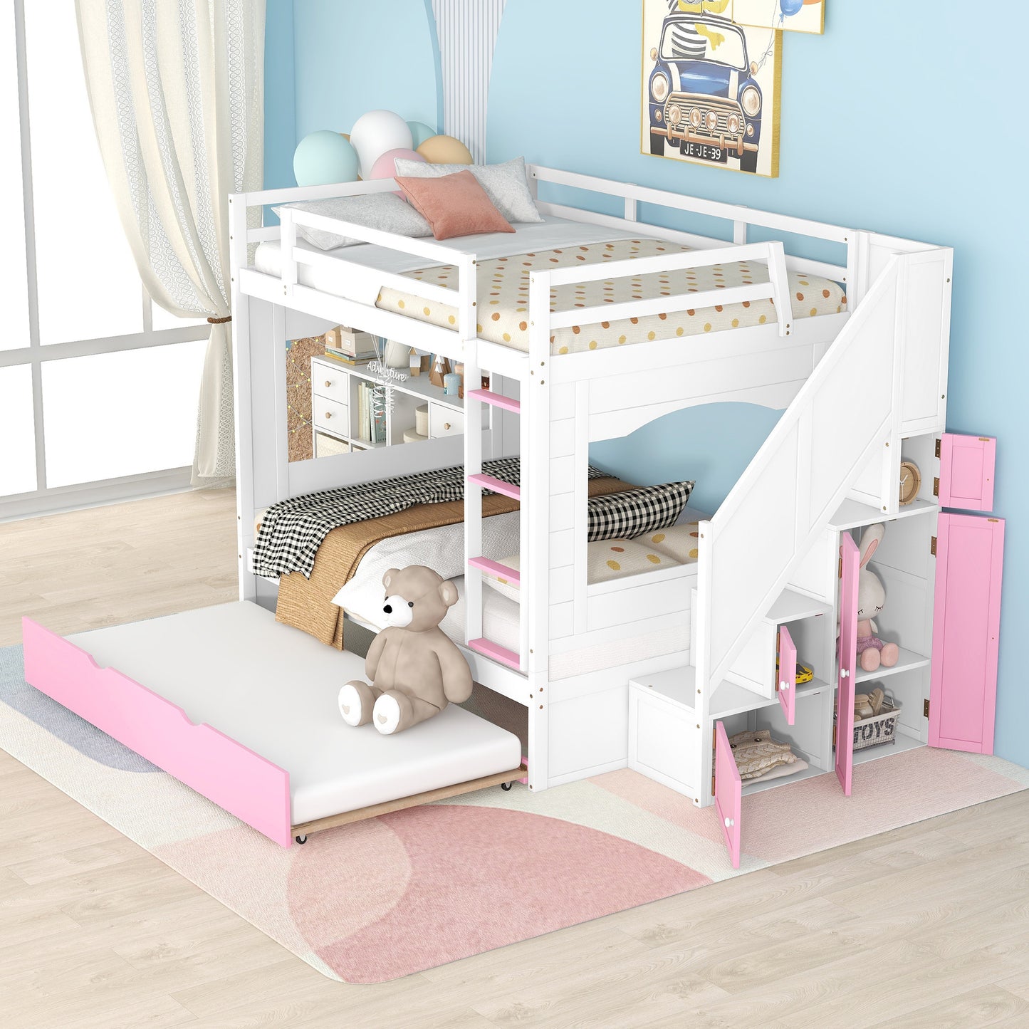 Full Over Full Bunk Bed with Trundle ,Stairs,Ladders Solid Wood Bunk bed with Storage Cabinet （White + Pink）