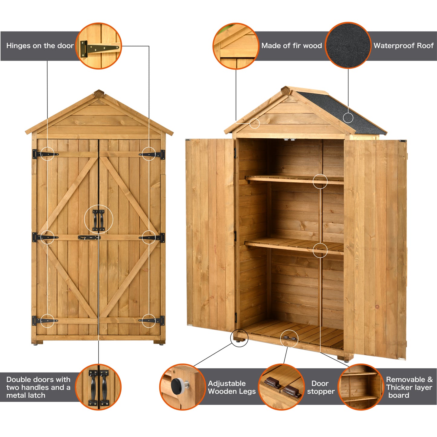 TOPMAX 5.8ft x 3ft Outdoor Wood Lean-to Storage Shed Tool Organizer with Waterproof Asphalt Roof, Lockable Doors, 3-tier Shelves for Backyard, Natural