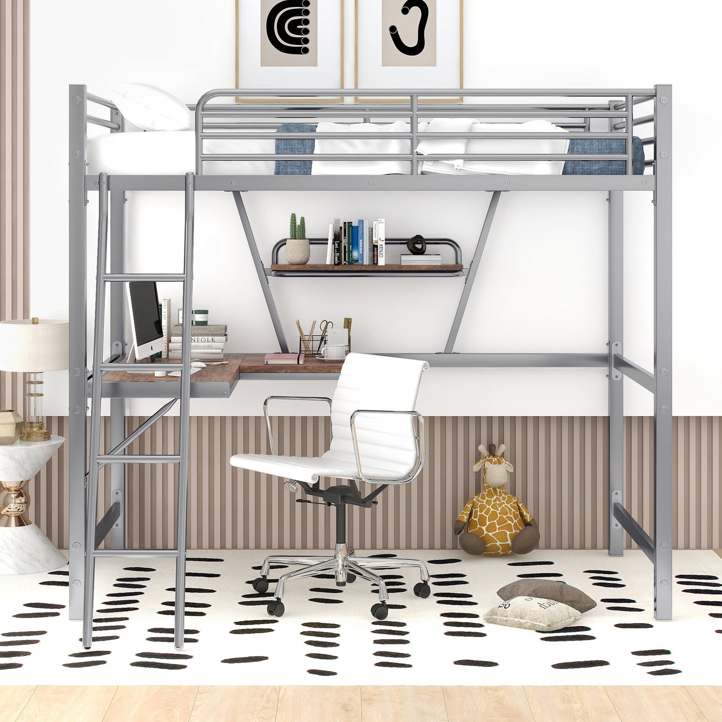 Twin Size Loft Metal&MDF Bed with Desk and Shelf, Silver (Old SKU:SM001105AAN-1)