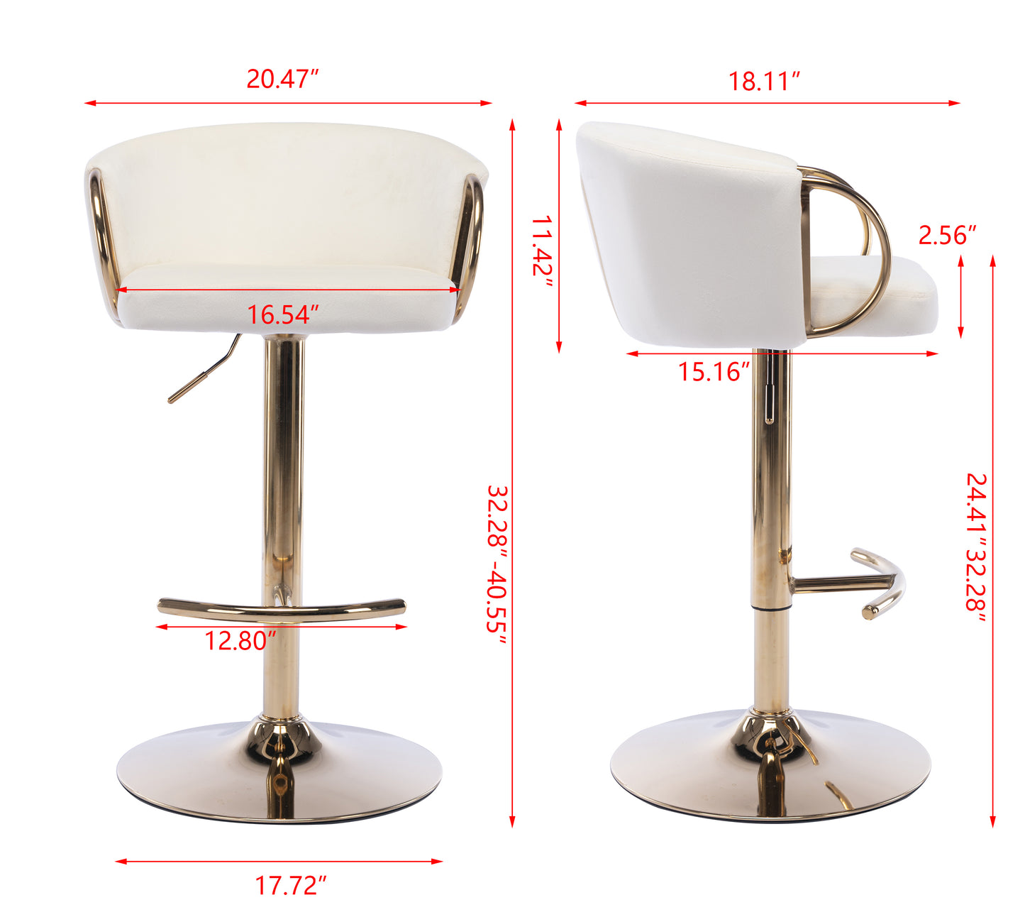 Set of 2  Bar Stools,with Chrome Footrest and Base Swivel Height Adjustable Mechanical Lifting Velvet + Golden Leg Simple Bar Stool-Ivory