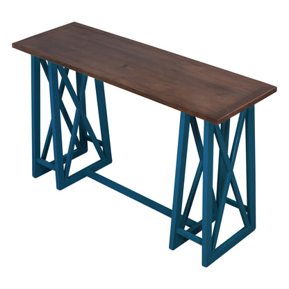 TOPMAX Rustic Counter Height 5-Piece Dining Set, Wood Console Table Set with 4 Stools for Small Places,Walnut+Blue