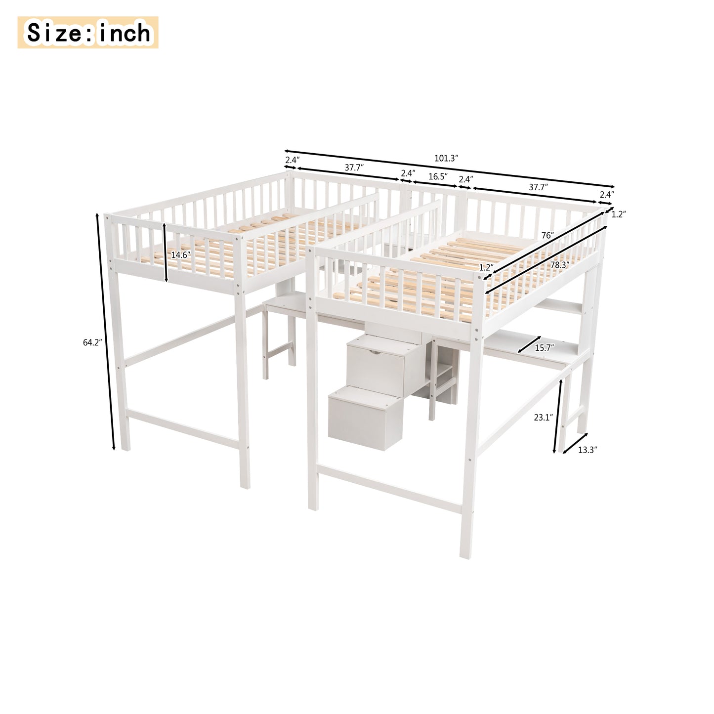 Twin & Twin Size Loft Bed with 2 Built-in Desks and Shelves, Storage Staircase, White