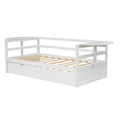 Twin Size Daybed with Trundle and Foldable Shelves on Both Sides,White